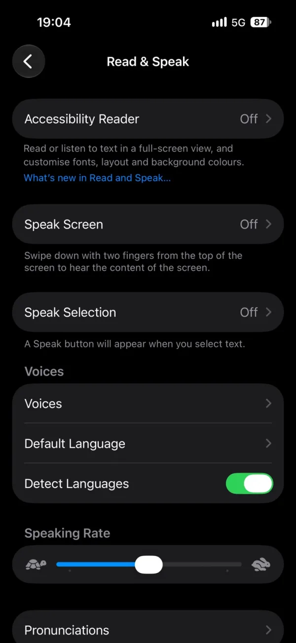 The Read & Speak page, with Speak Screen turned off.