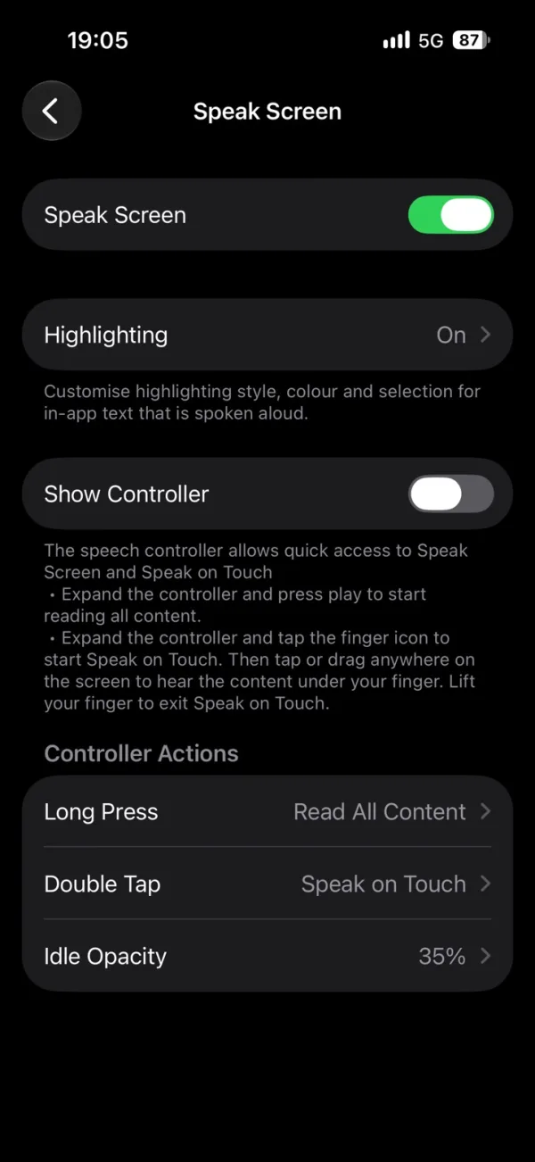 The Speak Screen page, with Speak Screen and Highlighting turned on.