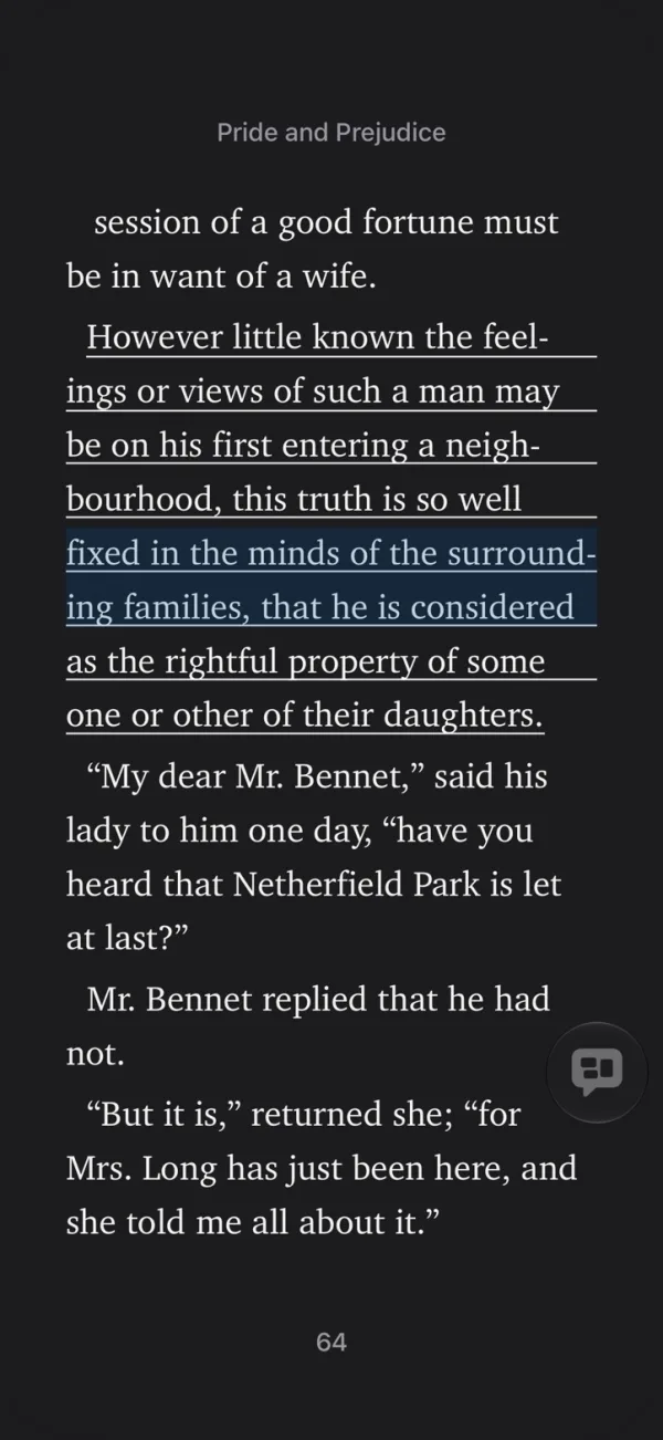 Pride and Prejudice open in Apple Books, with the sentence being read highlighted and the Speak Screen controller on the page.