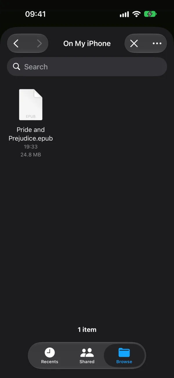 The Files picker opened from Oratio, showing Pride and Prejudice.epub on the iPhone.