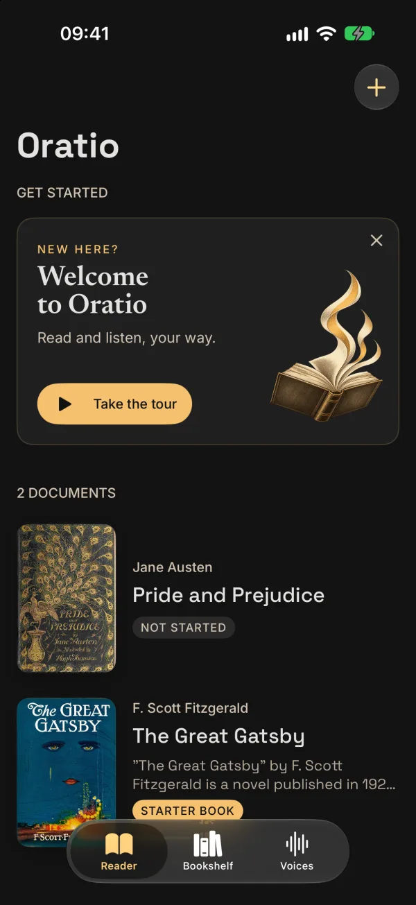 The Oratio library, with Pride and Prejudice at the top of the documents.