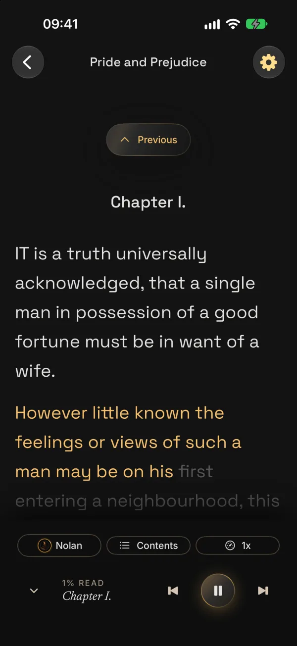 Chapter I of Pride and Prejudice in Oratio, with the words read so far highlighted and the Nolan voice playing.